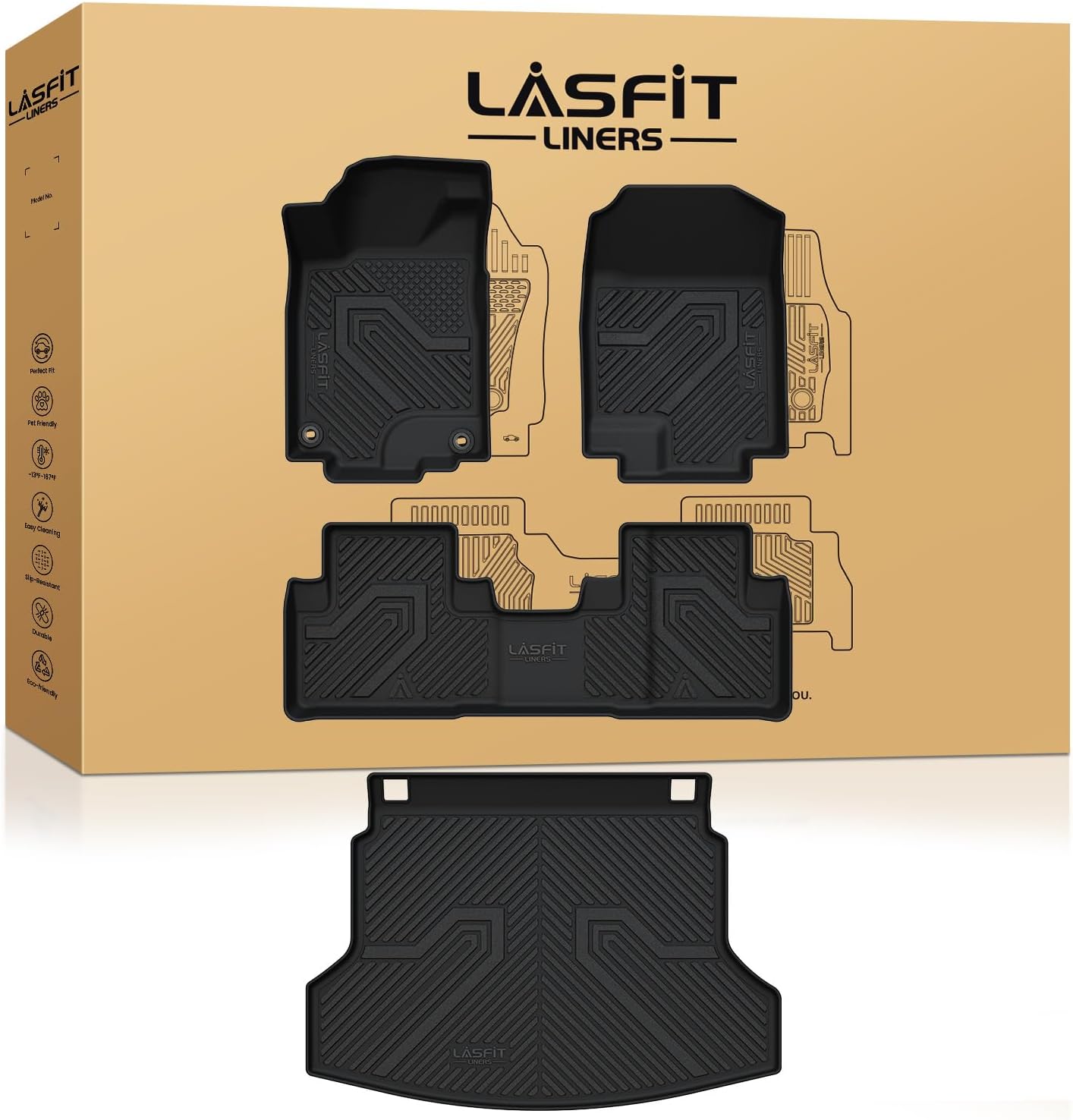 LASFIT Floor Mats & Trunk Mat for Honda CR-V CRV 2012-2016 EX & LX & SE & No Subwoofer, Custom Fit All Weather Protection TPE Floor Liner,1st & 2nd Row & Trunk Liner, Black (Not Fit EX-L & Touring)