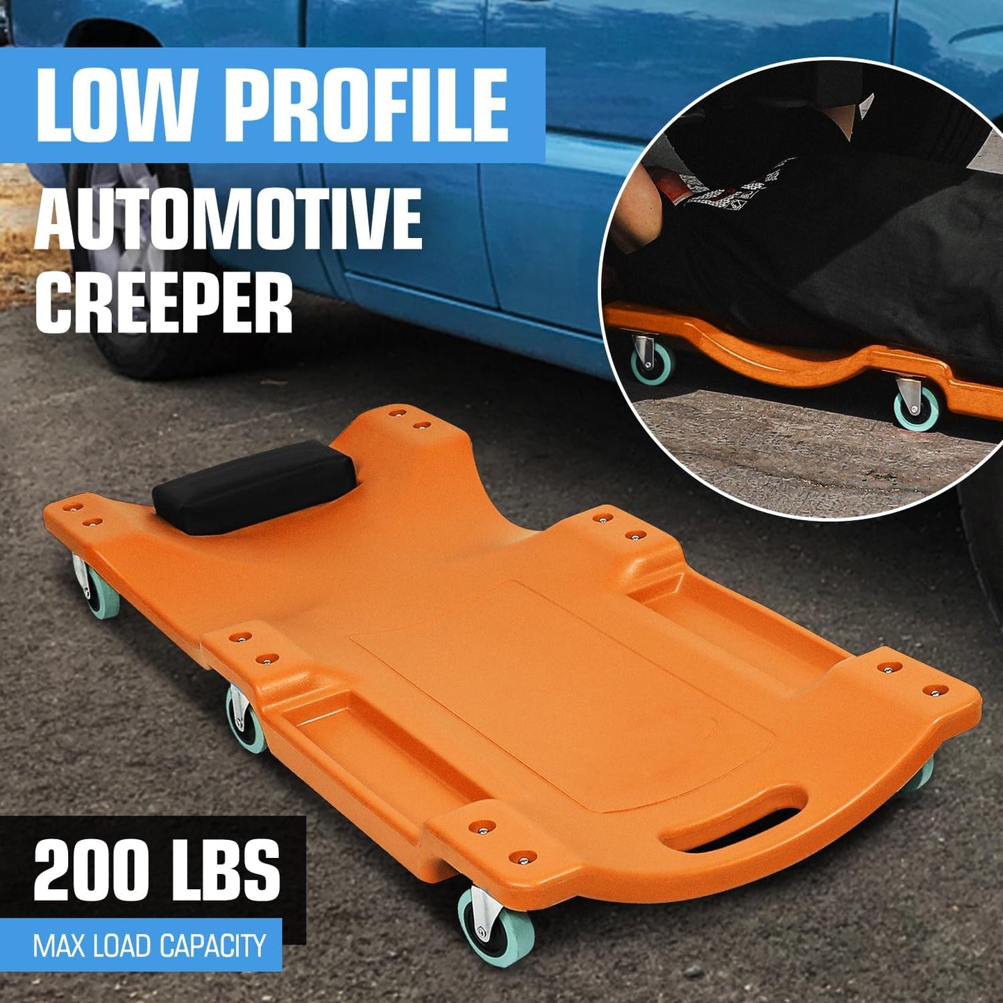 DNA MOTORING 40" L X 19" W Vehicle Repair Low Profile Plastic Rolling Garage Shop Creeper with Padded Headrest,Tool Trays & 6pcs Casters, Orange, TOOLS-00217-OG