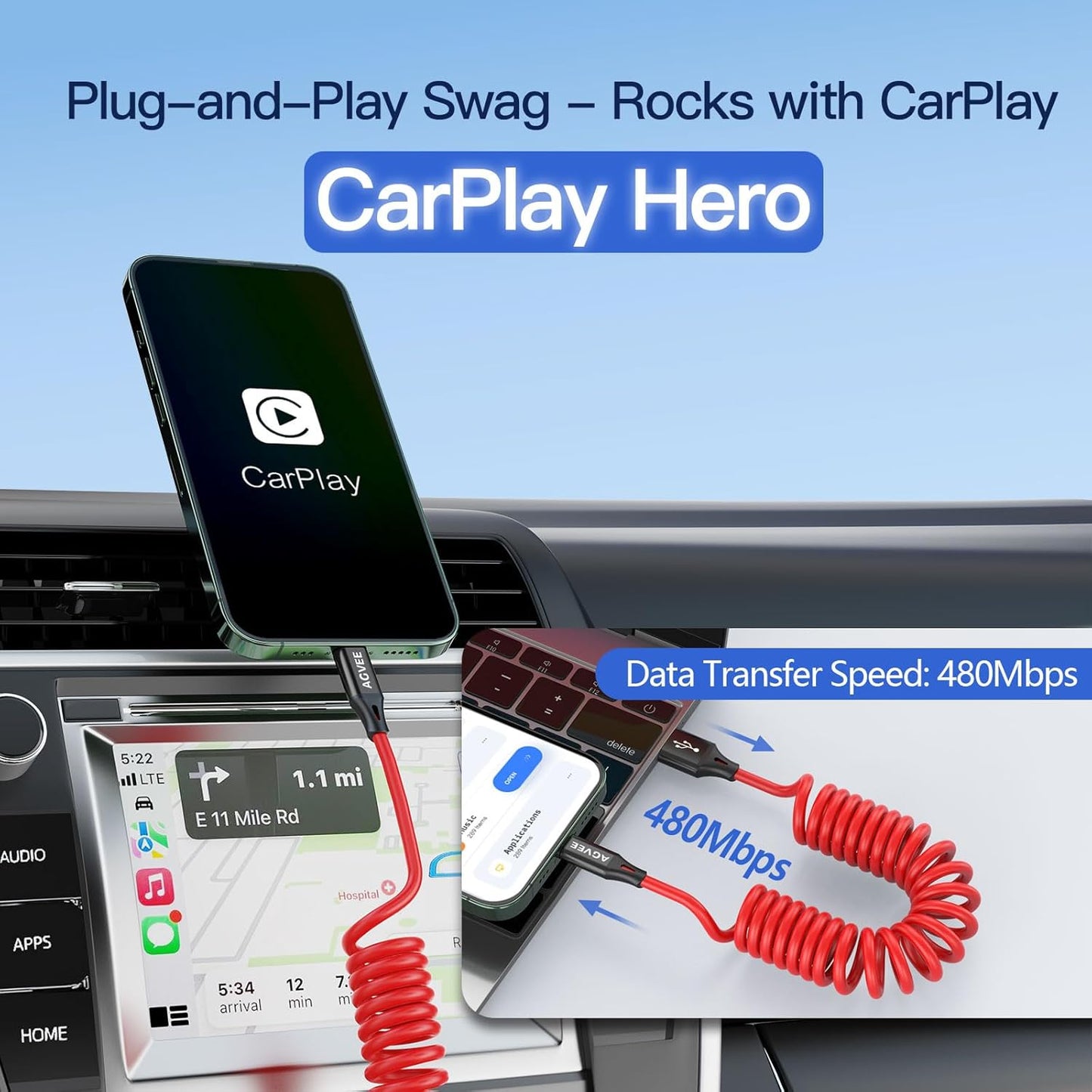 AGVEE 2 Pack 3ft Coiled Short USB to USB-C Charging Cable [USB-IF Certified] 3A Fast Charger Cord in Car for iPhone 16/15 CarPlay, Galaxy S25 S24 S23 S22 S21 S10 S9 S8, Google Pixel, Red