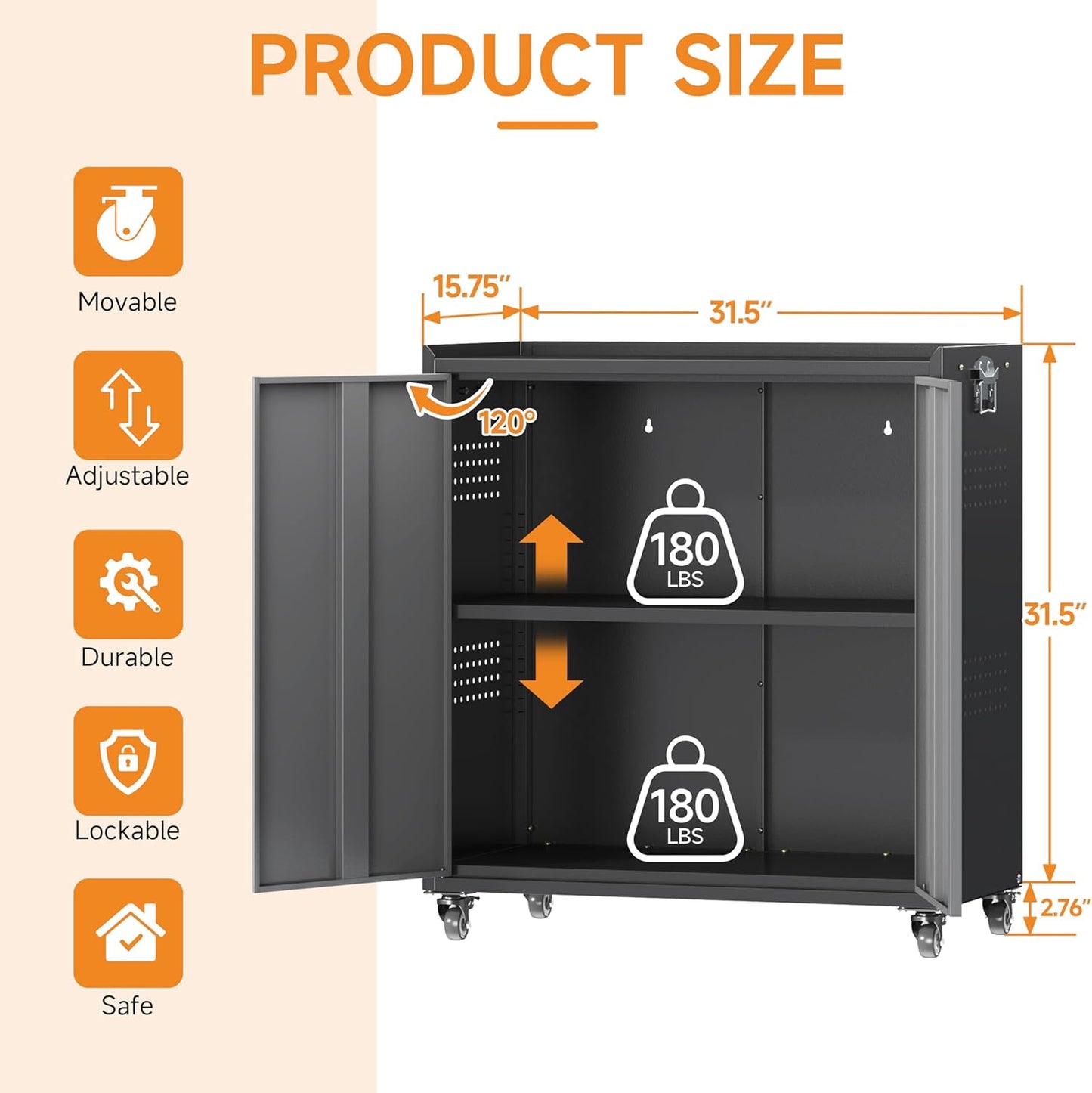 Metal Garage Storage Cabinet with Wheels, Adjustable Rolling Tool Storage Cabinet with Lock, 34" Steel Locking Tool Cabinet with Doors and Shelves for Garage, Warehouse (Black&Gray, 34.3" H)