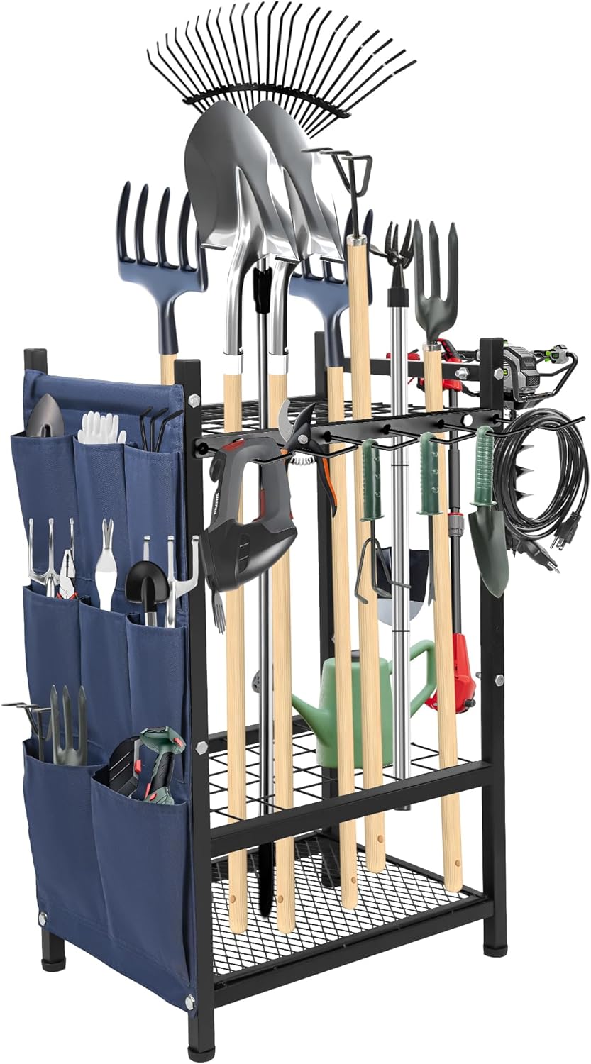 Garden Tool Rack Freestanding, Heavy Duty Garden Tool Organizer, 3-tier Tool Rack, Multifunctional Yard Tool Storage with Hooks and Storage pockets for Outdoor Long-Handled Broom Shovel Rake