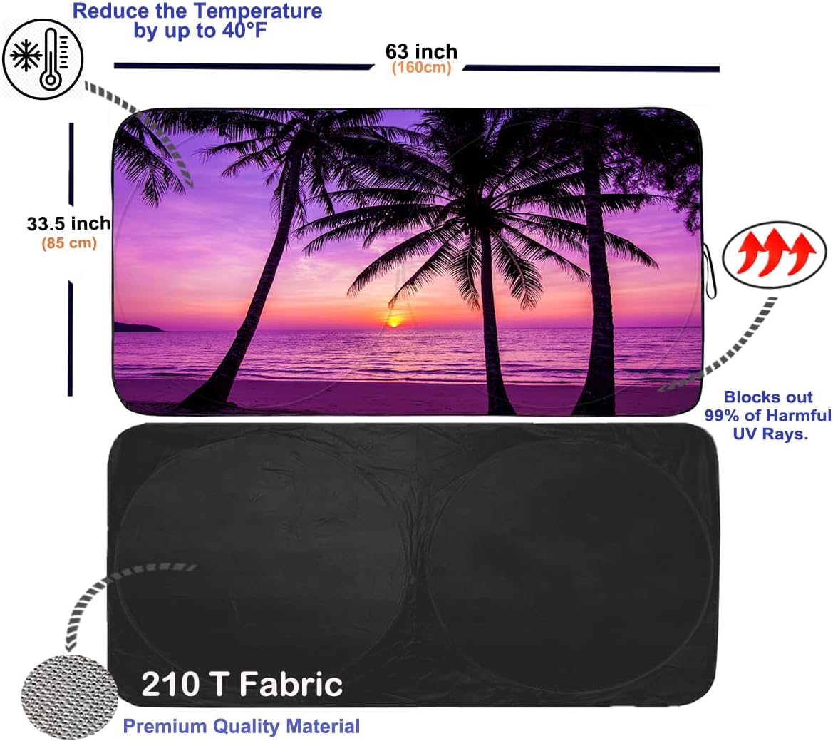 Gven Car Windshield Sun Shade Foldable Cute Sun Windshield Shade for UV Protecion Heat Reduction Funny Cooling for Summer Pink Car Accessories Cool Seats, Easy Fold (Sunset Purple, L)