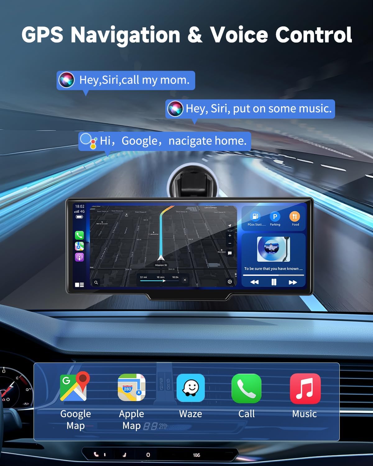 Portable Carplay Screen for Car - 10.26" Wireless Carplay & Android Auto Car Stereo, with 4K Dash Cam, Backup Camera, Bluetooth, GPS Navigation/Mirror Link/Voice Control/Bluetooth