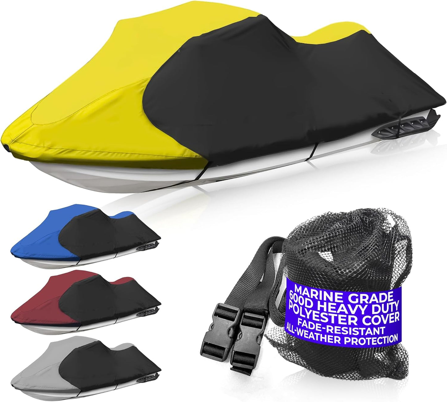 Trailerable Jet Ski Cover, Waterproof Marine Grade 600D Heavy Duty Polyester PWC Cover Yellow/Black Fits from 96" to 102" 1 Seater