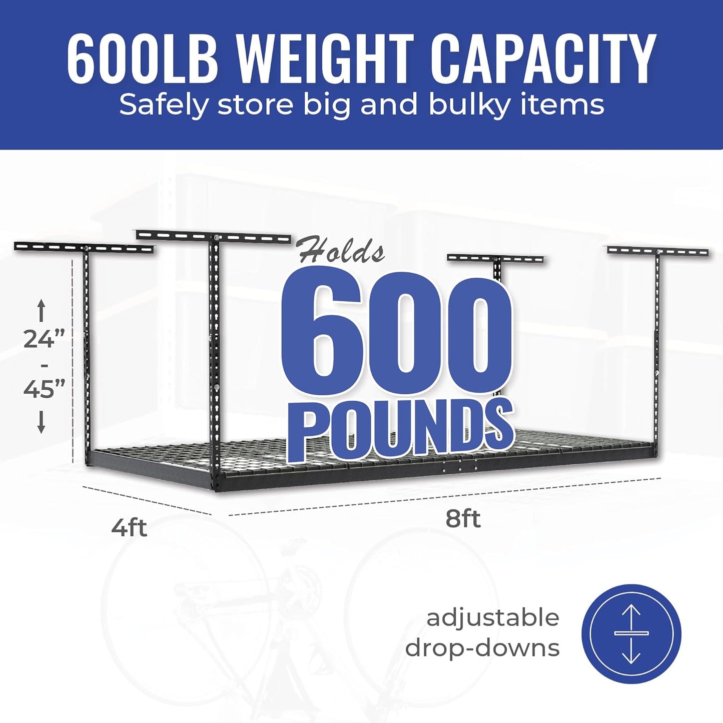 SafeRacks 4x8 Overhead Garage Storage Rack Heavy Duty - Hammertone (24"-45") - Holds 600 lb