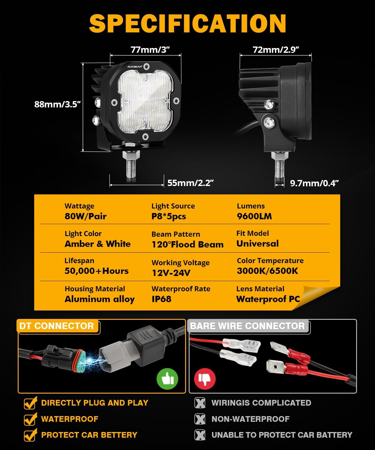 Auxbeam XP-Ultra Series 3 Inch Flood Beam LED Pods, 9600LM White Offroad Driving Lights 120° Wide Flood Lights 80W Fog Ditch Light Bar with White Amber Light Covers, Pair