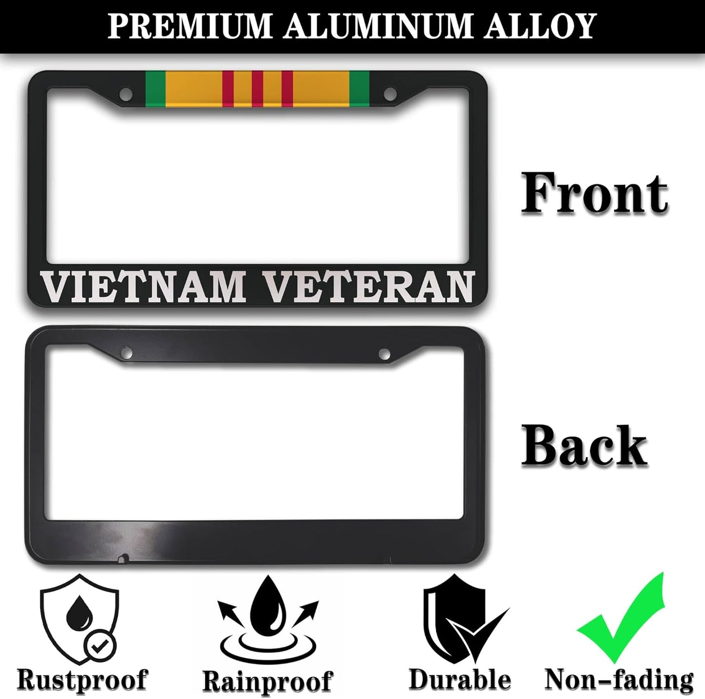 License Plate Cover Black and White License Plate Frames Vietnam Veteran Universal Aluminum Car Accessory 2 Pack with Screw Covers Set