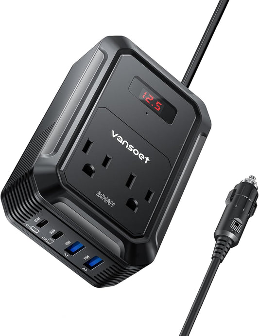 200W Car Power Inverter DC 12V to 110V AC Inverter with PD 65W/30W USB C & 2 QC 18W USB Ports & 2 AC Outlets,Car Pluɡ Adapter Outlet for Laptop/Phone/Road Trip