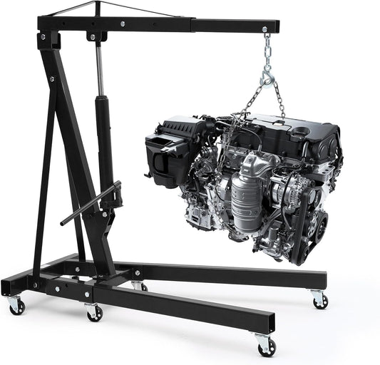 Engine Hoist Cherry Picker, 2 Ton Folding Hydraulic Engine Hoist with Telescopic Boom & 6 Casters, Heavy Duty Shop Crane Lifting Cherry Picker for Workshops Garage, Black