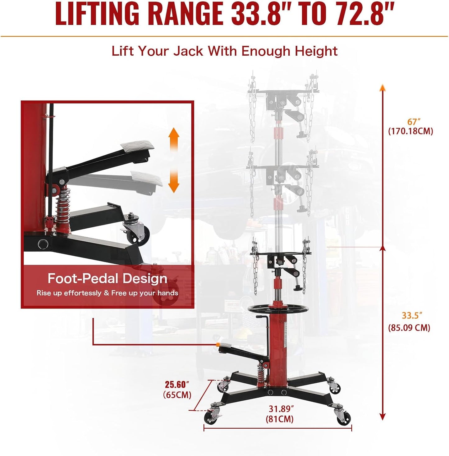Hydraulic Transmission Jack 1100 Lbs (1/2 Ton) Capacity 33.8"-72.8" Lifting Height 2 Stage Hydraulic Telescoping Jack, Trans Jack Stand Heavy Duty with Foot Pedal and 360° Swivel Wheel, Red