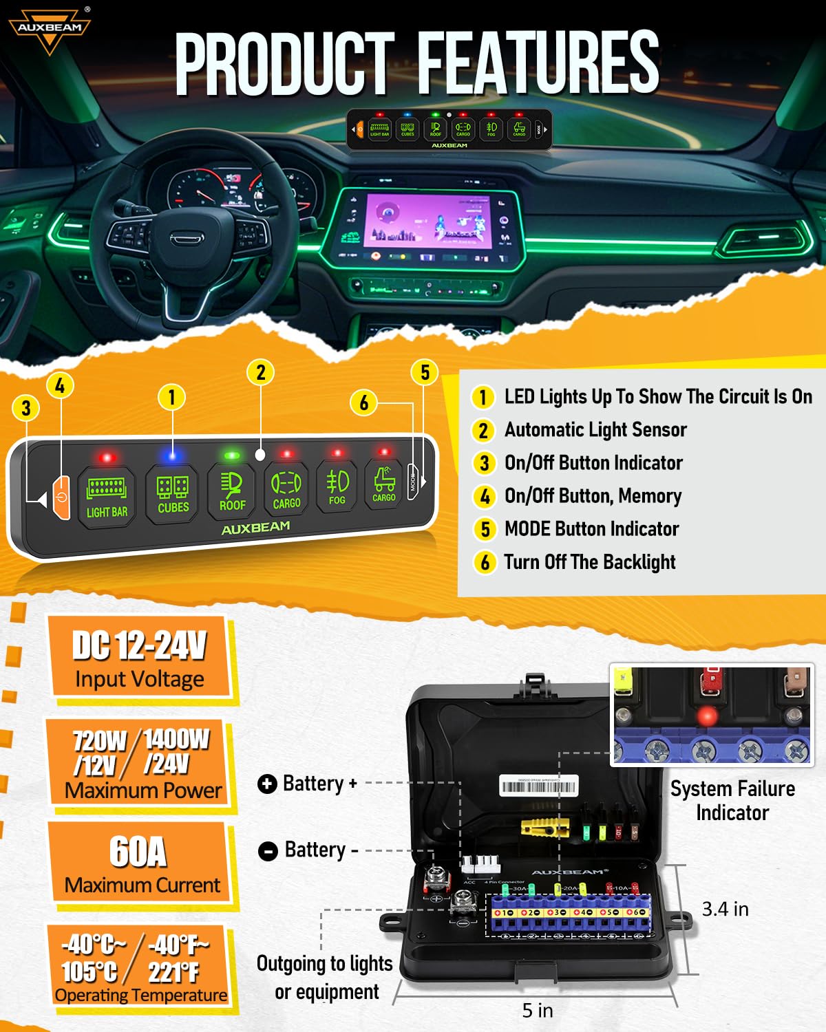 Auxbeam 6 Gang Slim Switch Panel RGB AS-R60 Toggle Momentary Pulsed Dimmable Backlight Multifunction Switch Panel with Memory Function for 12-24V Truck Offroad Car Marine Waterproof