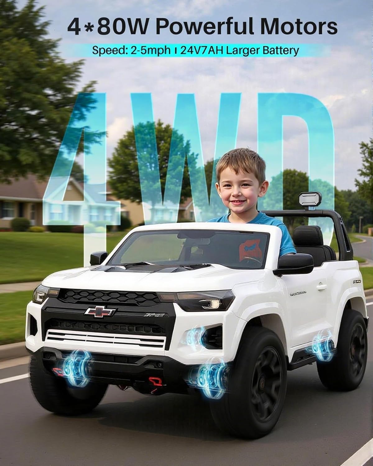 Joywhale 24V Ride on Truck 4WD Kids Electric Vehicle Licensed Chevorlet Ride on car with 7AH Big Battery, 320W Powerful Motors. 2 Seats, Music, 4 Wheel Suspension, 2 Speeds, LED Lights, White