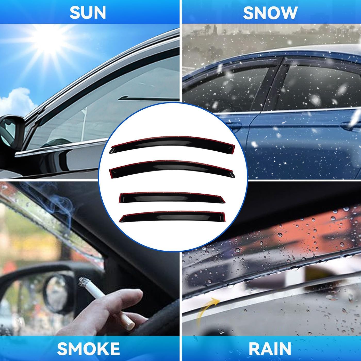 4pcs Front+Rear Smoke Tint Sun/Rain Guard Outside Mount Tape-On Vent Window Visors Compatible with 2016-2024 Chevy Malibu