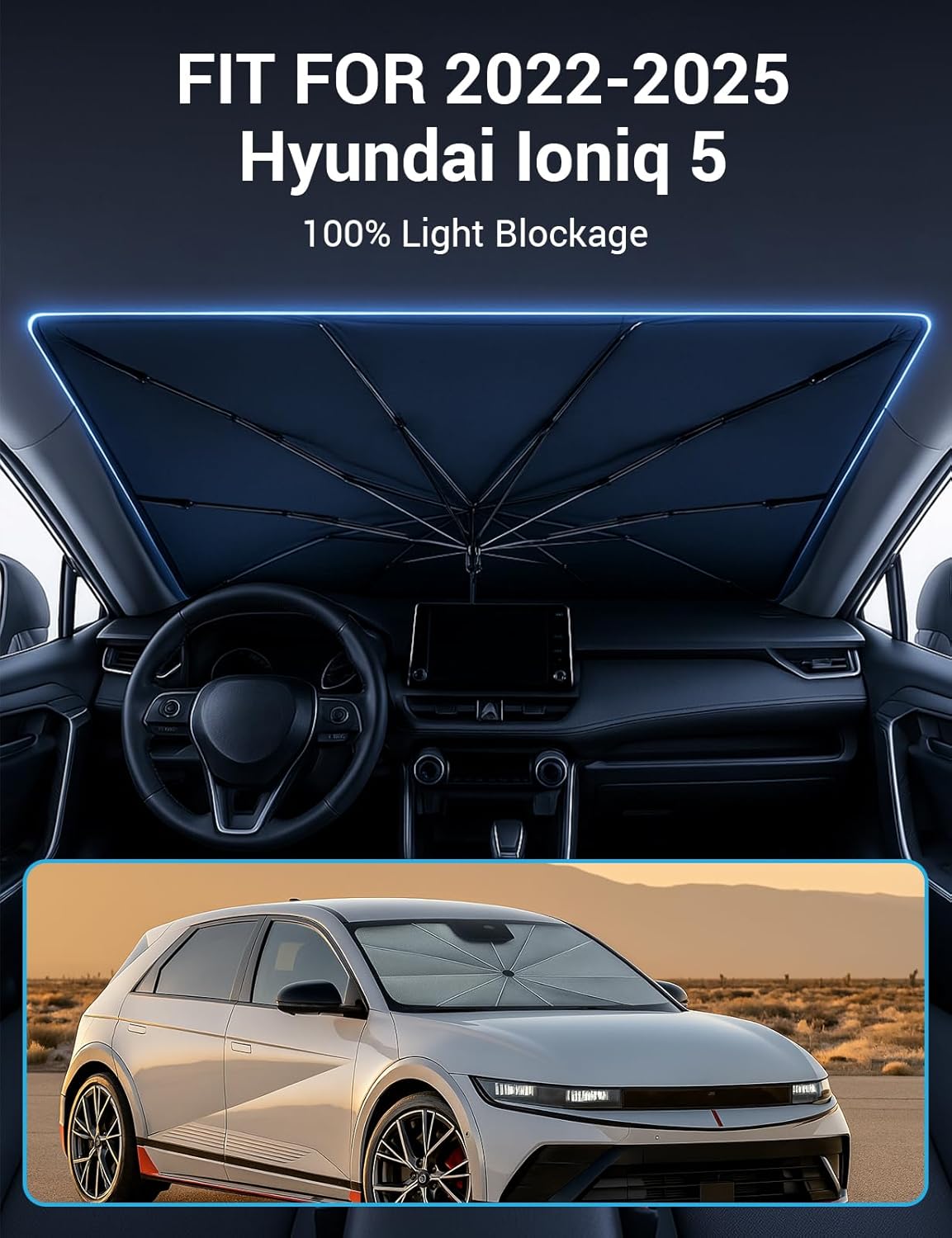 Proadsy Windshield Sun Shade Umbrella for Hyundai Ioniq 5 2022-2025 2026 Foldable Car Umbrella Sunshade with Soft TPU Handle Spring Structure Crystal Cooling Material Protect Car from Rays & Heat