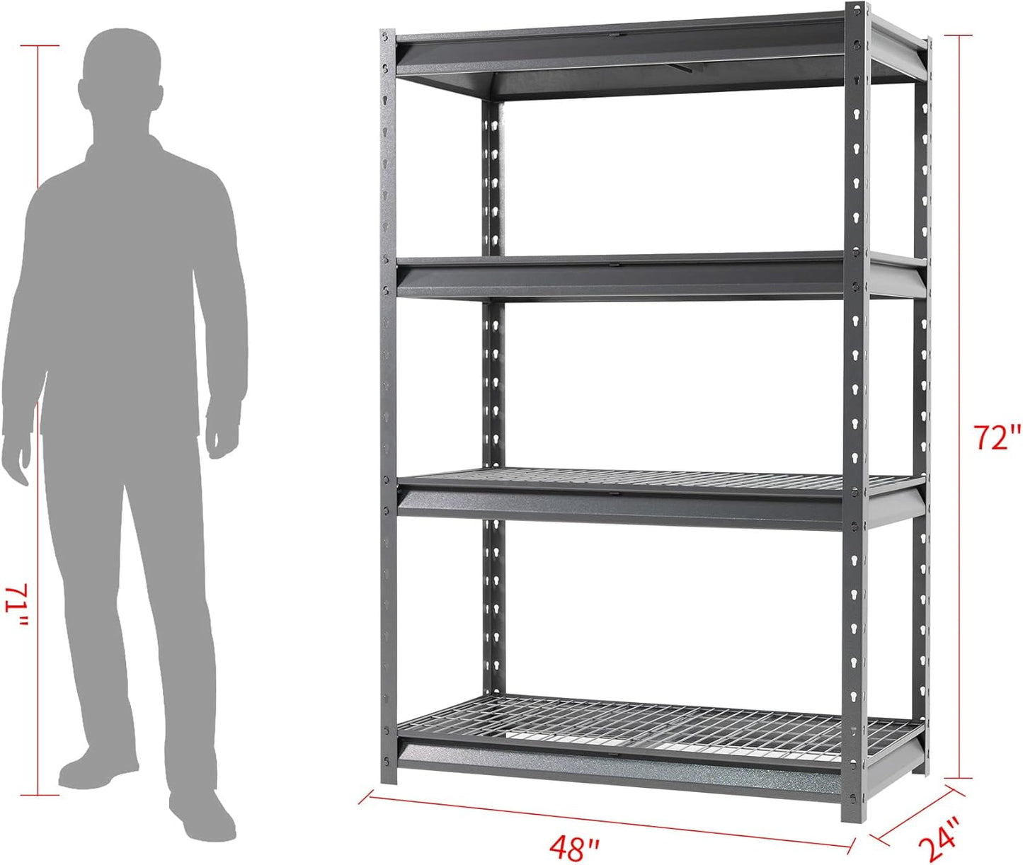 The Atlas 48" W Heavy Duty Garage Shelving Unit Load 12000 Lbs, 4-Tier Metal Shelves for Storage, Adjustable All Steel Industrial Shelf, 48" W x 24" D x 72" H, Grey