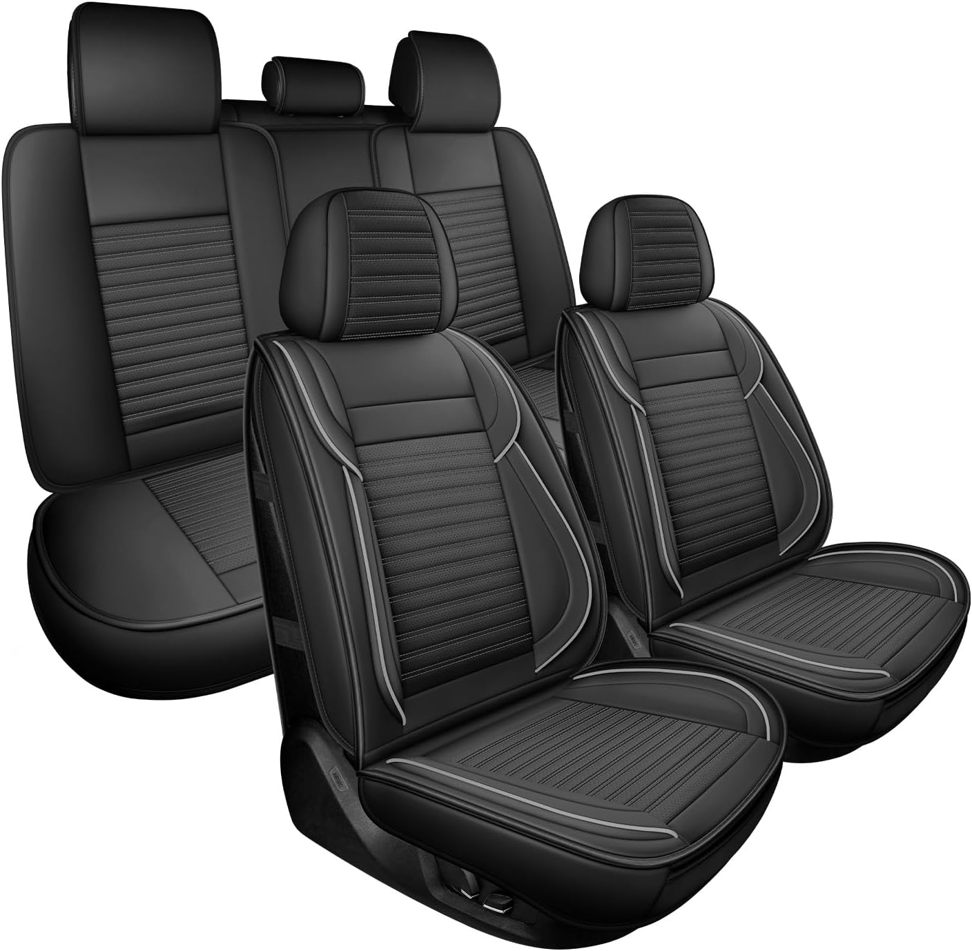 LINGVIDO Car Seat Covers,Breathable and Waterproof Faux Leather Automotive Seat Covers for Cars SUV Pick-up Truck Sedan(Full Seat,Black GrayLine)