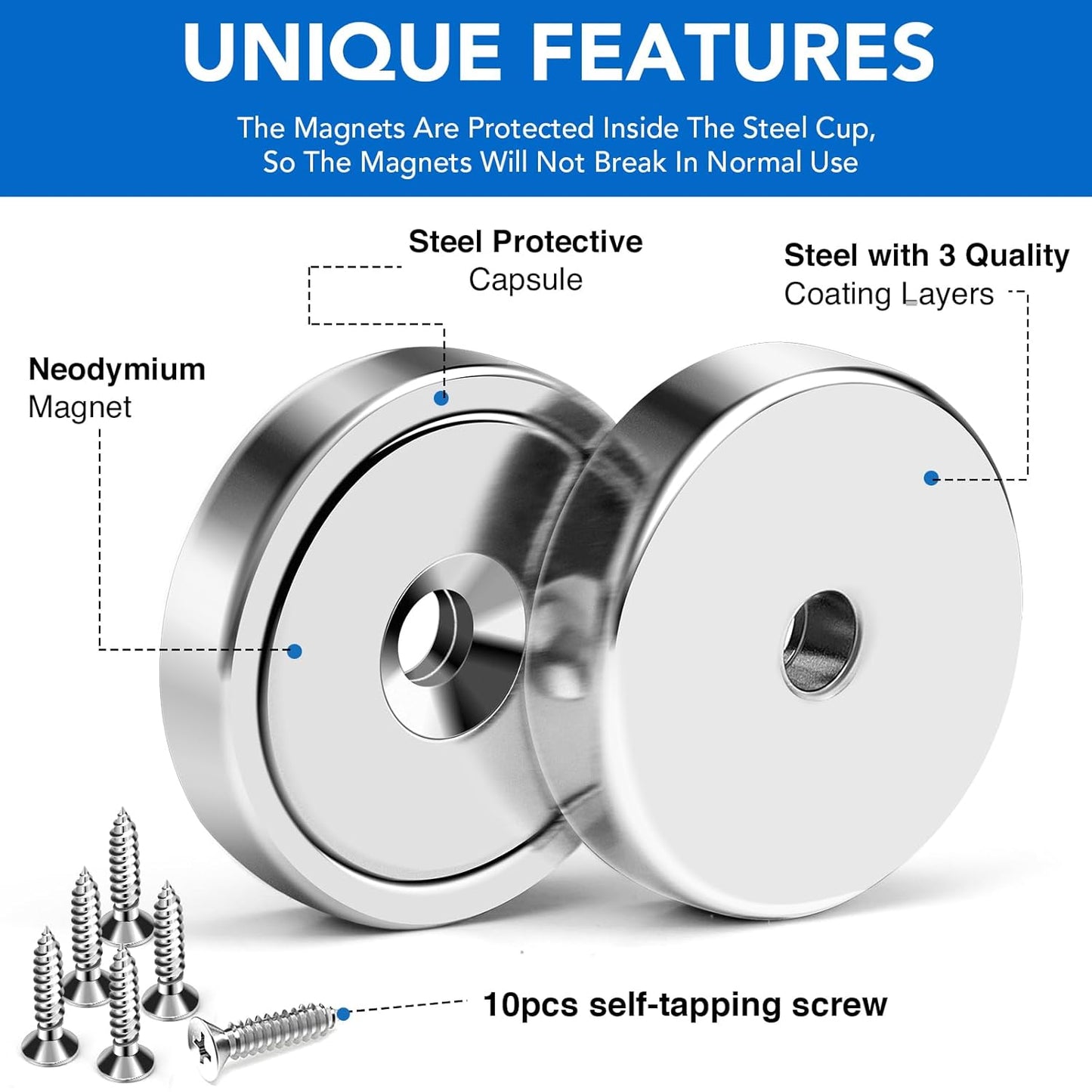 MIKEDE Magnets, 150LB Neodymium Cup Magnets with Super Strong Magnetic Attraction, Heavy Duty Pot Magnet with Hole for Mounting, Rare Earth Magnet with Screw for Hanging, Office, Craft - 6 Pack