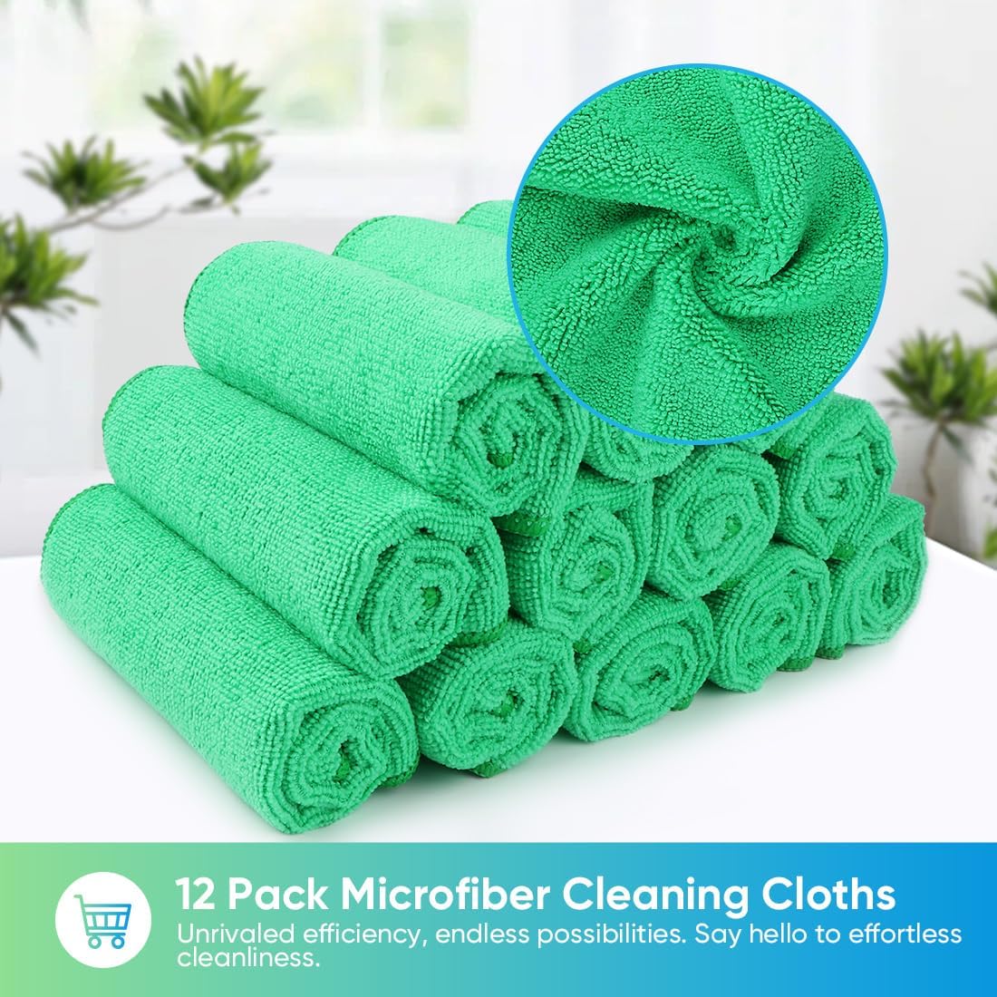 HOMEXCEL Green Microfiber Cleaning Cloth, 12 Pack Premium Microfiber Towels for Cars, Lint Free, Scratch-Free, Highly Absorbent, Reusable Cleaning Rags for Car, Household, Kitchen, Window,11.5"X11.5"