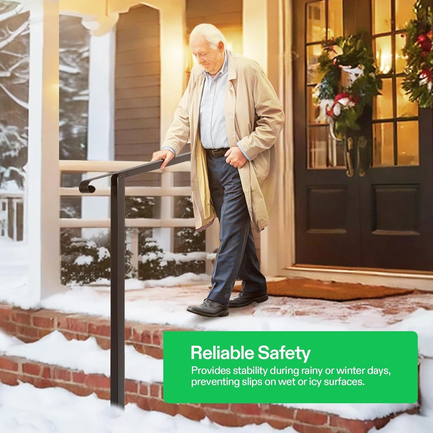 VIVOSUN Outdoor Handrail, 4 Step Stair Handrail, 47.5" x 39" Fits 1 to 4 Steps, Wrought Mattle Iron Stair Railing with Single Curved End for Concrete Steps, Porch Steps, One-Step Assembly, Black