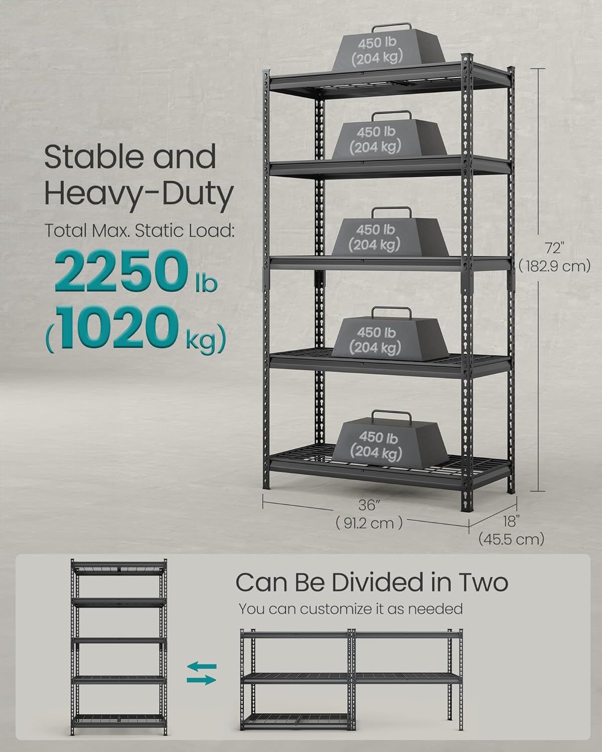SONGMICS 5-Tier Storage Shelves Set of 3, Heavy-Duty Garage Shelving, Adjustable Shelving Unit, Steel Shelf, Boltless Assembly, for Garage, 2,250 lb Load, 18 x 108 x 72 Inches, Ink Black UGLR453B03
