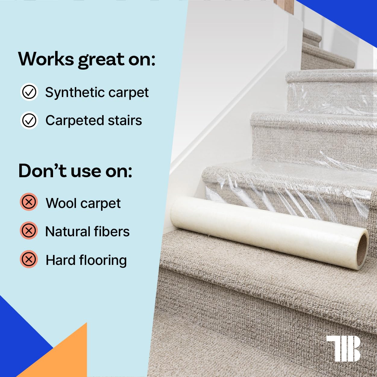 TapeManBlue Carpet Protection Film 36" x 200' roll. Made in The USA. Easy Unwind, Clean Removal, Strongest and Most Durable Plastic Carpet Protector. Clear, Self-Adhesive Surface Protective Film.
