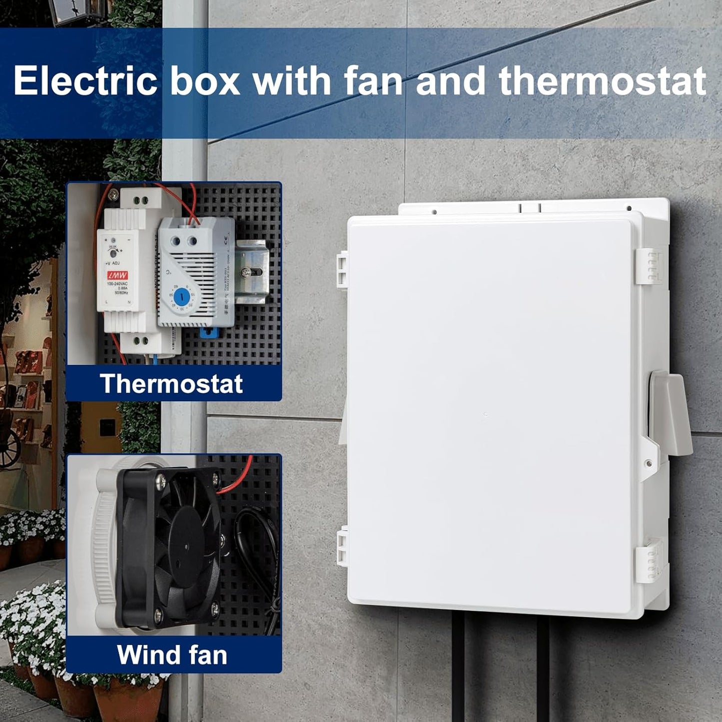 Outdoor Electrical Junction Box, ABS Water Resistant Enclosure with Internal Mounting Panel & Hinged Cover (16"H* 12"L* 5.9"W & Thermostat)