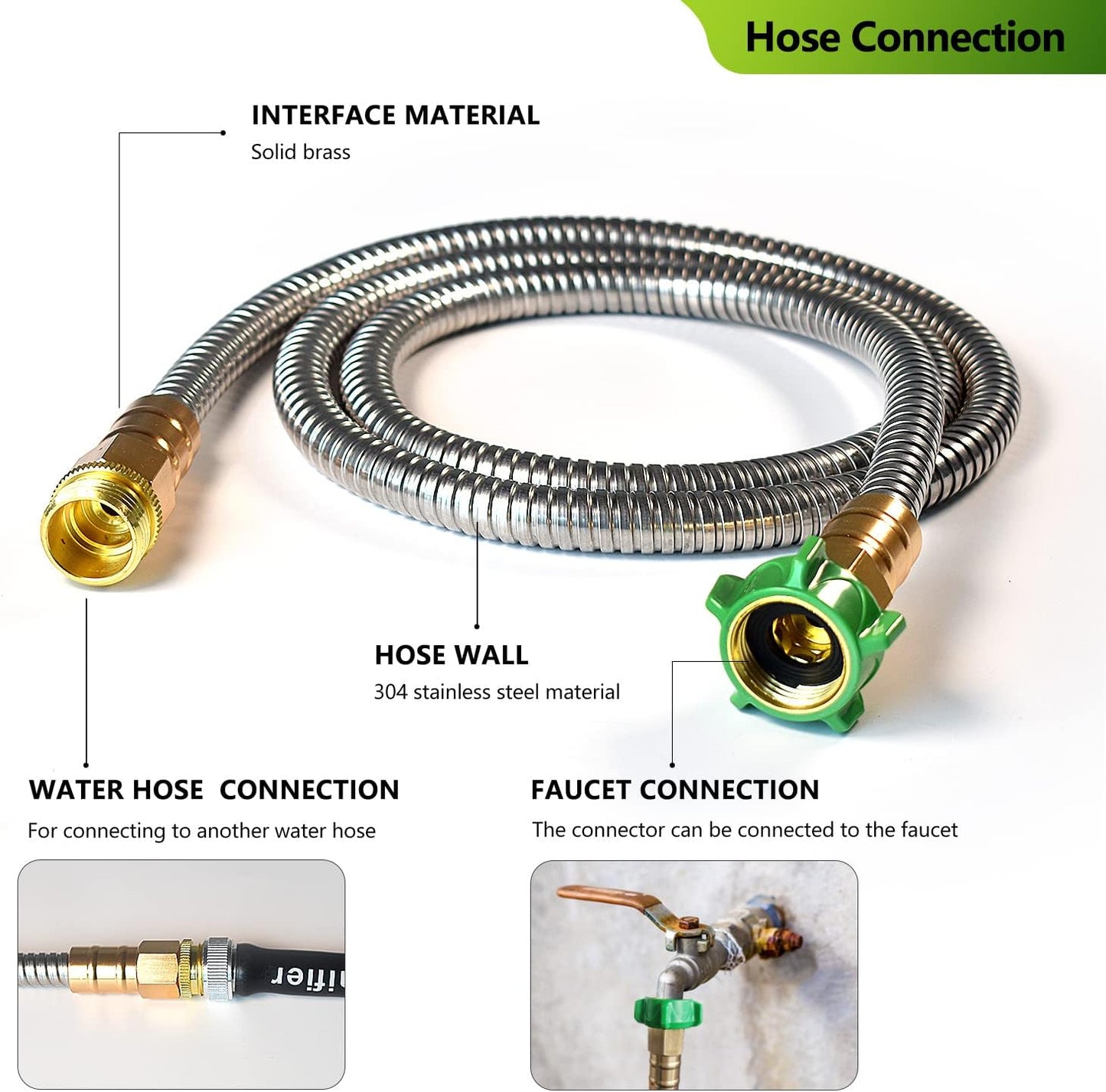 Metal Short Garden Hose 1 ft - Flexible Stainless Steel Water Hose Leader - Lightweight Small Hose With Brass Fittings (1 Feet)