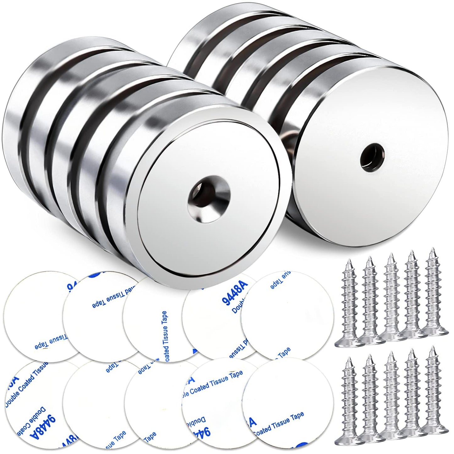 LOVIMAG Neodymium Cup Magnets,110LBS Holding Force Strong Rare Earth Magnets with Heavy Duty Countersunk Hole and Double Sided Adhensive&Stainless Screws for Refrigerator Magnet,Office Etc,Pack of 10
