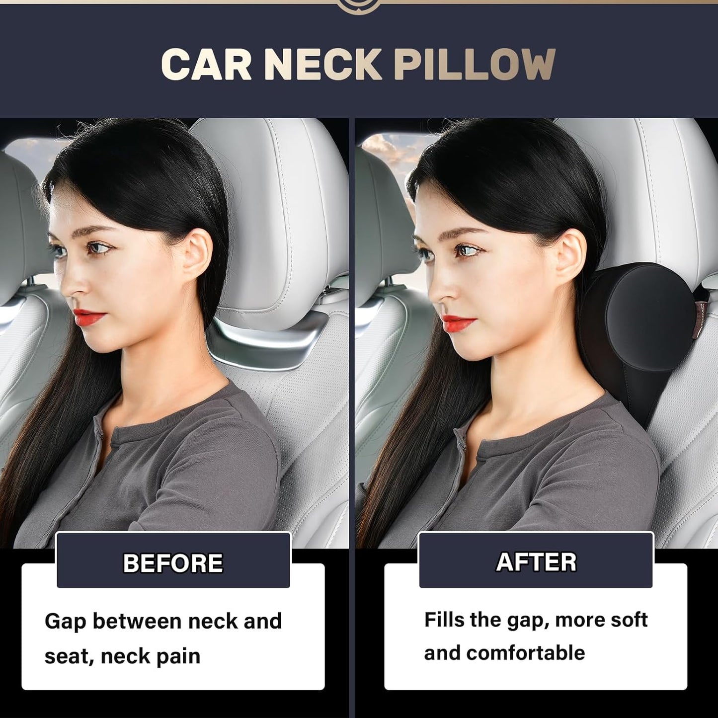 Coverado Car Headrest Pillow, Ergonomic Memory Foam Car Neck Pillow for Driving Seat with Adjustable Strap, Soft PU Leather Breathable Removable Cover Neck Support for Neck Pain Relief