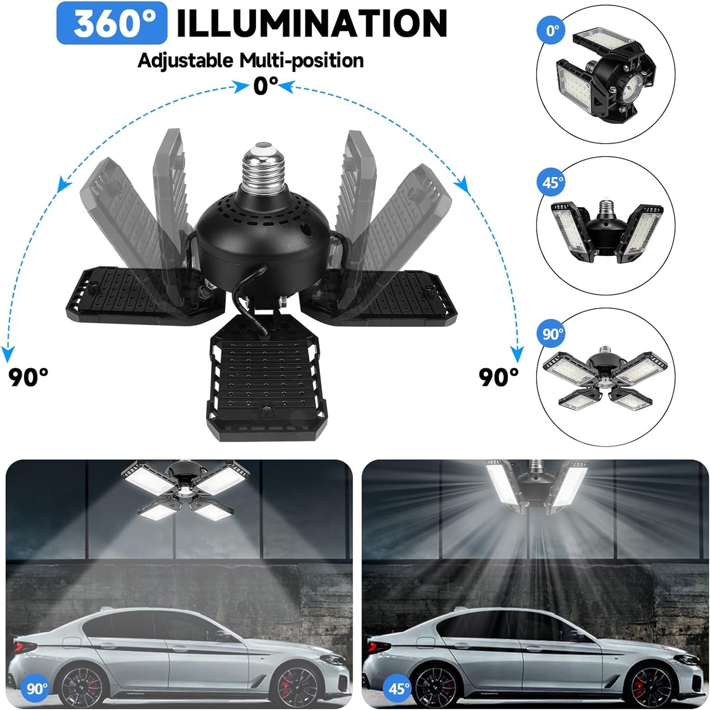 LED Garage Lights Bulb 2 Pack - 120W, 12000LM 6500K Led Shop Light with 4+1 Deformable Panels, Basement Barn Light, E26/E27 for Warehouse, Shop