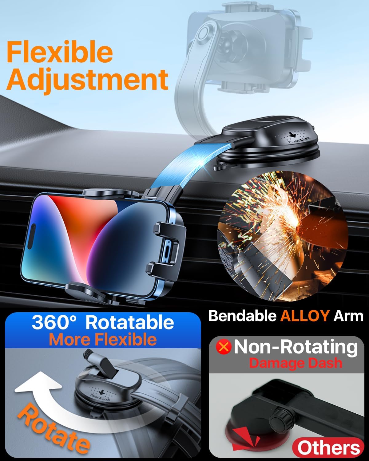 HTU Upgraded Strongest Suction Car Phone Holder Bendable Arm, Never Block View Rotatable Cellphone Mount for Dashboard Windshield Vent, Cradle Stand for iPhone 16 15 14 13 12 Pro Max (Dark Pink)