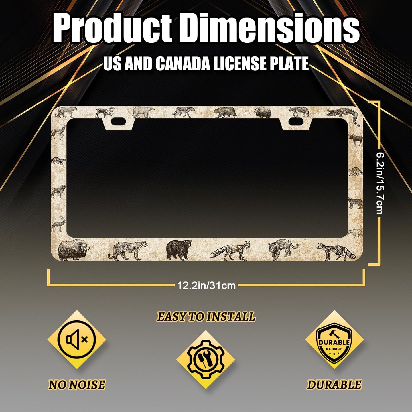 Vintage Animals License Plate Frame Animal Bear Tiger Wolf License Plate Holder Stainless Steel Funny License Plate for USA Canada 6.3" X 12.3" with 2 Holes and Screws