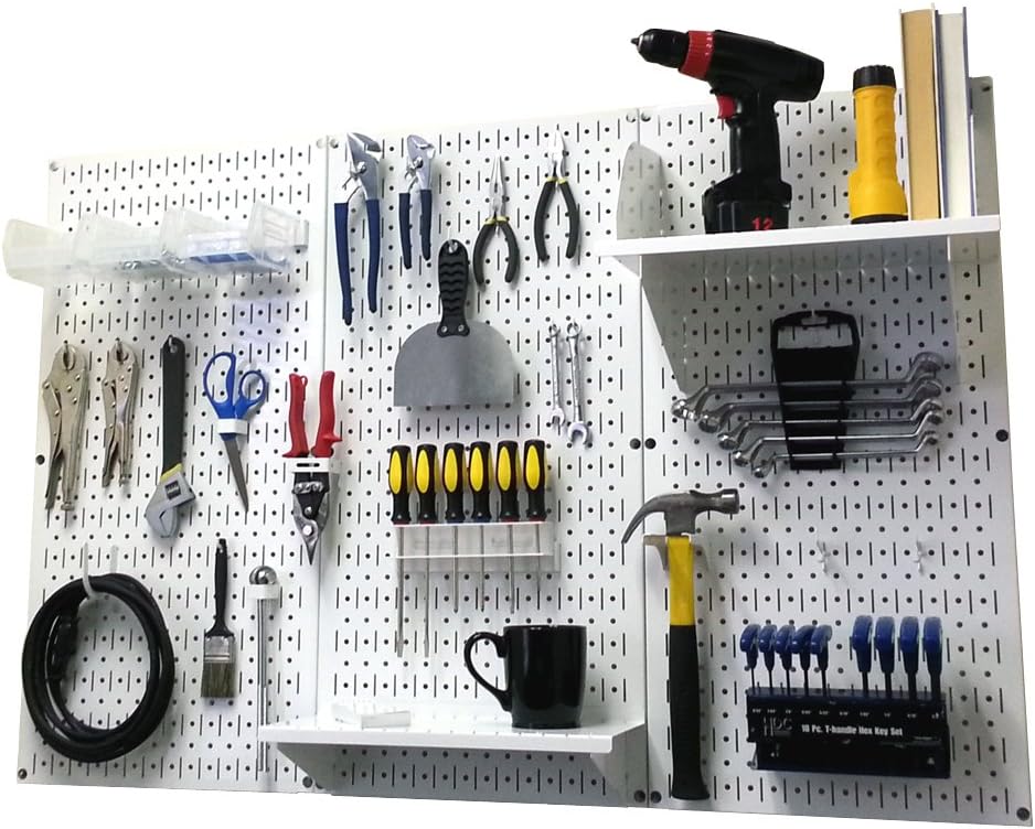 Wall Control Pegboard Organizer 4 ft. Metal Pegboard Standard Tool Storage Kit & Pegboard Shelf 6in Deep Pegboard Shelf Assembly for Pegboard and Slotted Tool Board – White