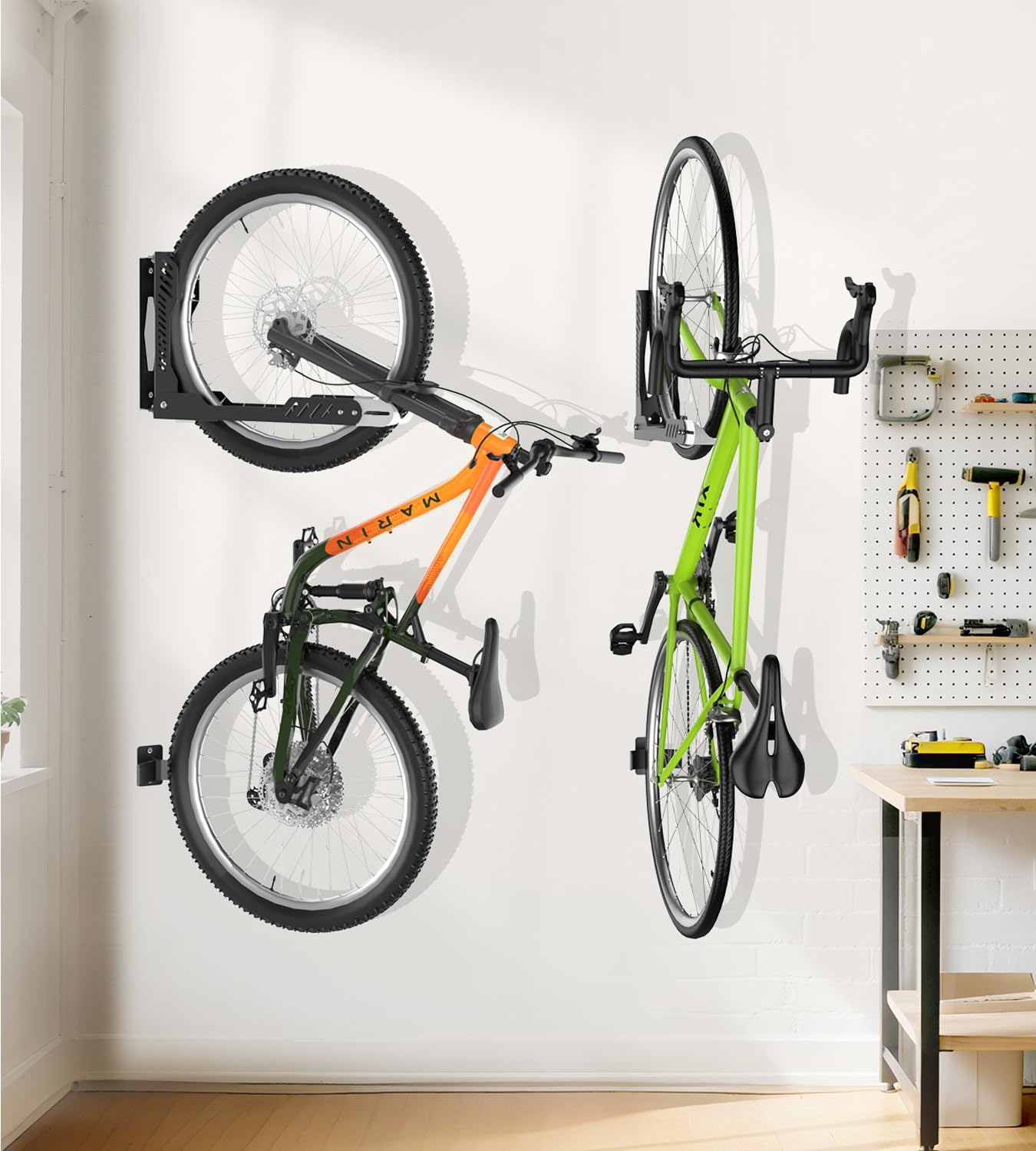 Swivel Bike Wall Mount, Space Saving Bike Rack Garage, No Heavy Lifting Required Bicycle Wall Mount, Vertical Wall Bike Hanger Can Holds up to 77 lbs, Black