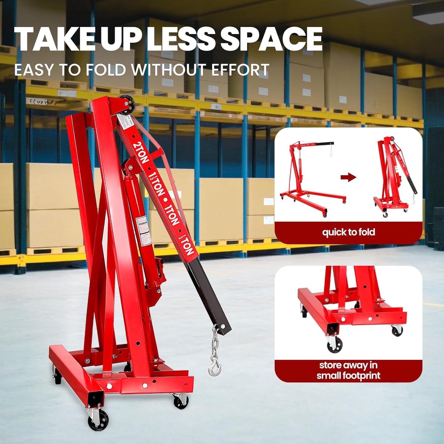 5500 Lbs Folding Engine Hoist Cherry Picker, 2.5 Ton Engine Hoist with Lever, with 6 Casters, 8 Ton Hydraulic Pump 4 Adjustable Position, Engine Crane for Garage, Workshop, Repair(Red)