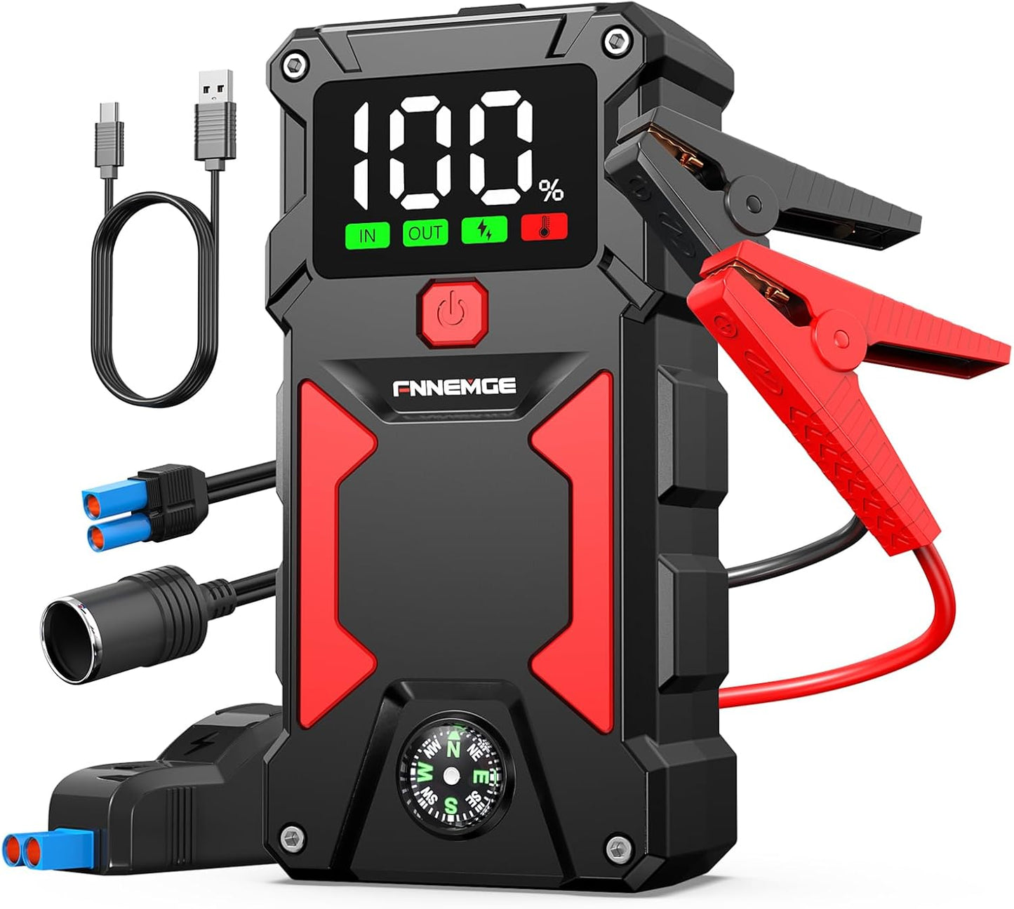 Car Jump Starter, 5000A Peak 24800mAh 12V Car Battery Starter(Up to All Gas, 8.0L Diesel Engine), with with USB Charge Output Port,LED Light,HD Large Screen,12V EC-5 Output.