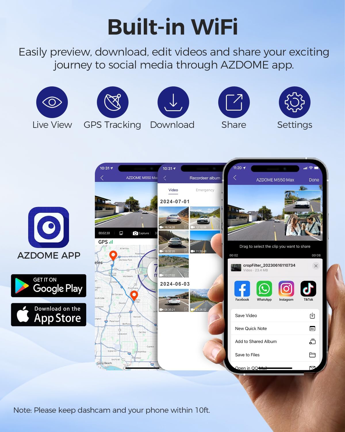 AZDOME M550 Max 4K 3 Channel Dash Cam, Dual STARVIS Sensors, 4K+2.5K+1080P Front and Rear Inside Triple Car Camera, Built-in WiFi GPS, 64GB Card Included, IR Night Vision, WDR, 24H Parking Mode