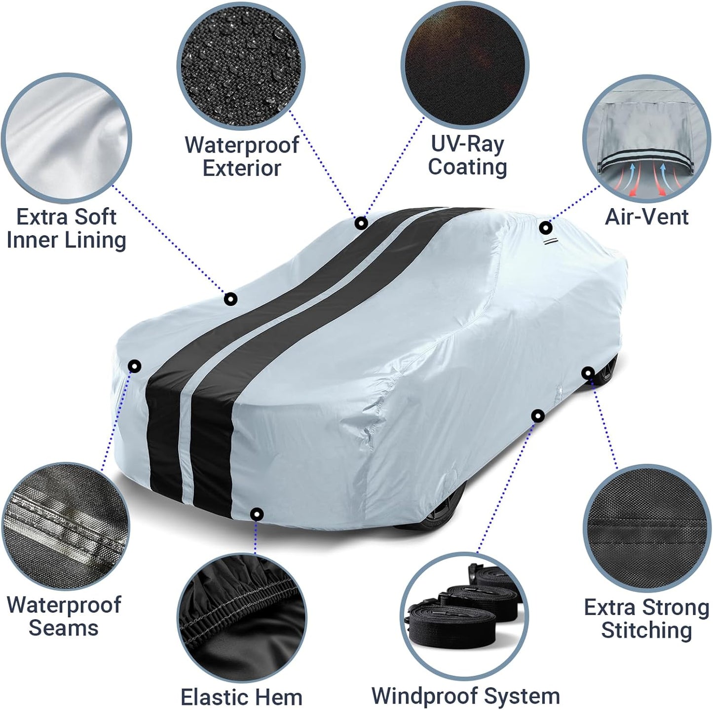 iCarCover Custom Car Cover for Pontiac Tempest 2-Door (1964-1970) Waterproof All-Weather Rain Snow UV Sun Protector Full Exterior Indoor Outdoor Car Cover (Stripe - Gray/Black)
