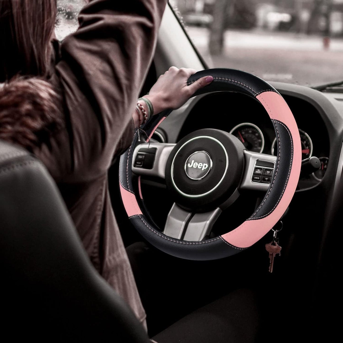 Leather Car Steering Wheel Cover, Non-Slip Car Wheel Cover Protector Breathable Microfiber Leather Universal Fit for Most Cars(Pink)