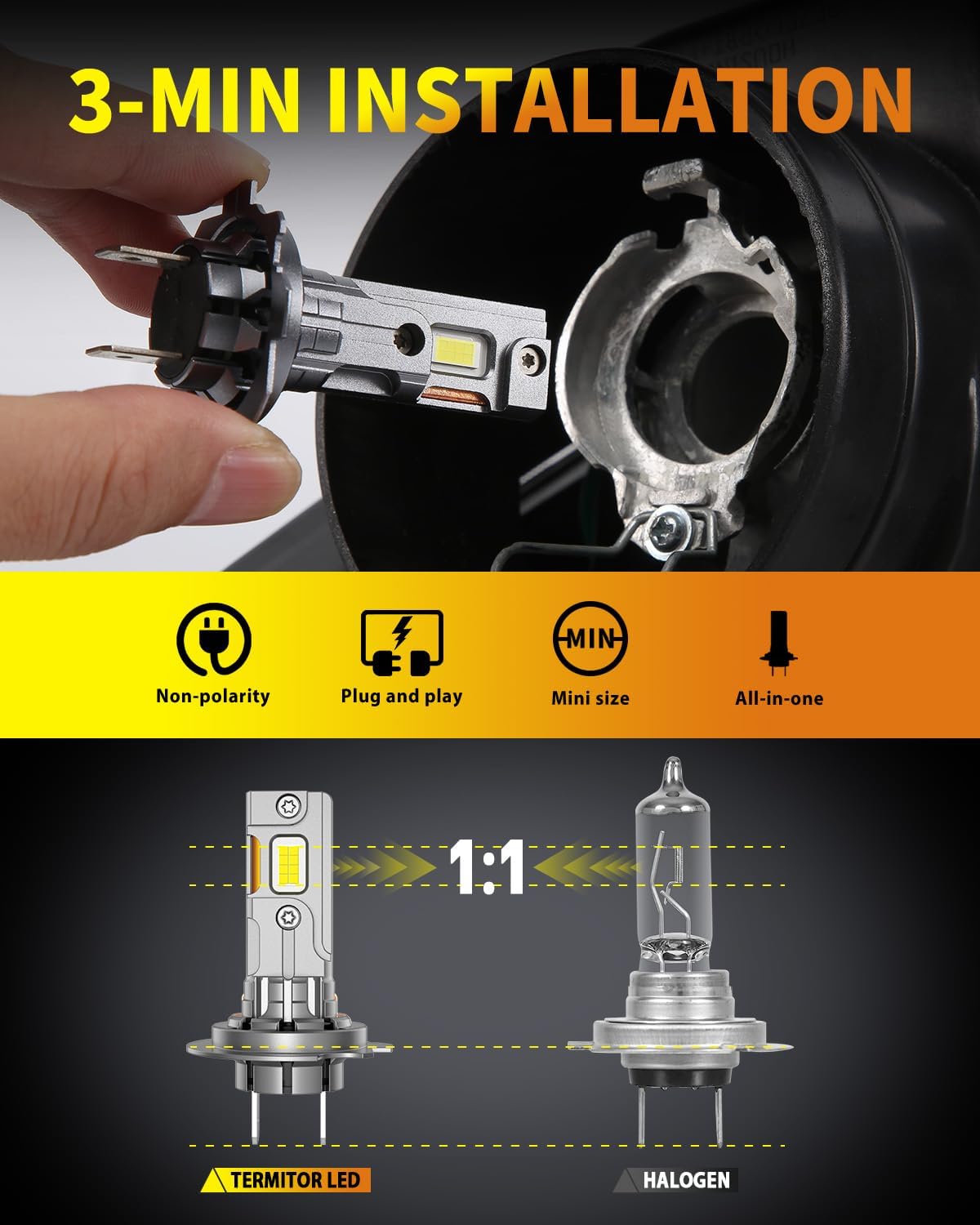 Upgraded H7 H7LL Light Bulbs, 60,000LM Insane Brightness, Real 1:1 Halogen Mini Size H7 Fog Lights, 6500K White with Ultra-Bright LED Chips, Plug and Play, Pack of 2