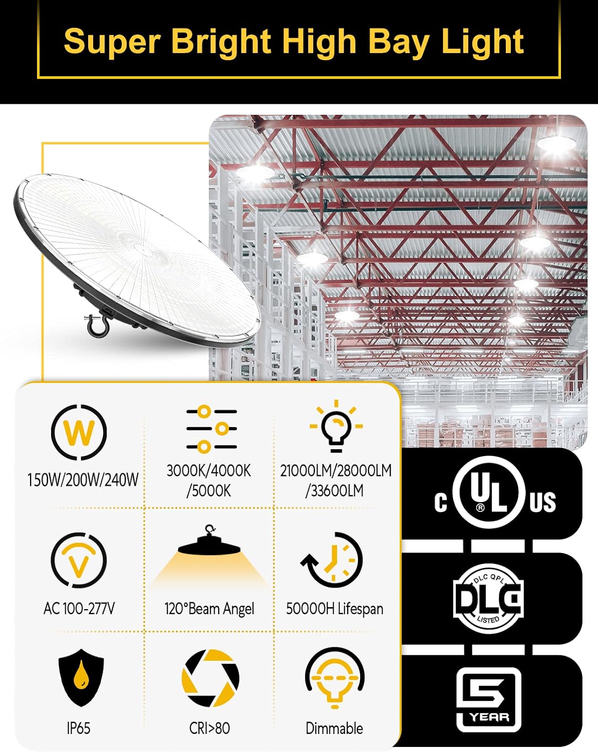 UFO LED High Bay Light, 240W/200W/150W Adjustable, UL & DLC Listed 5000K/4000K/3000K Adjustable, 33600LM 0-10V Dimmable IP65 Waterproof High Bay Lights AC100-277V for Warehouse Factory