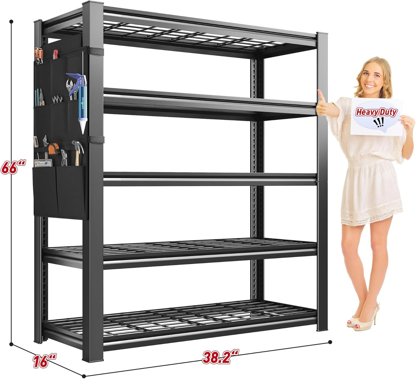 REIBII Storage Shelves, Heavy Duty Garage Shelving Load 2500LBS, 5-Tier Garage Shelves with Tool Storage Bag, Adjustable Industrial Metal Shelving for Basement, 66" H x38.2 W x16 D, Black