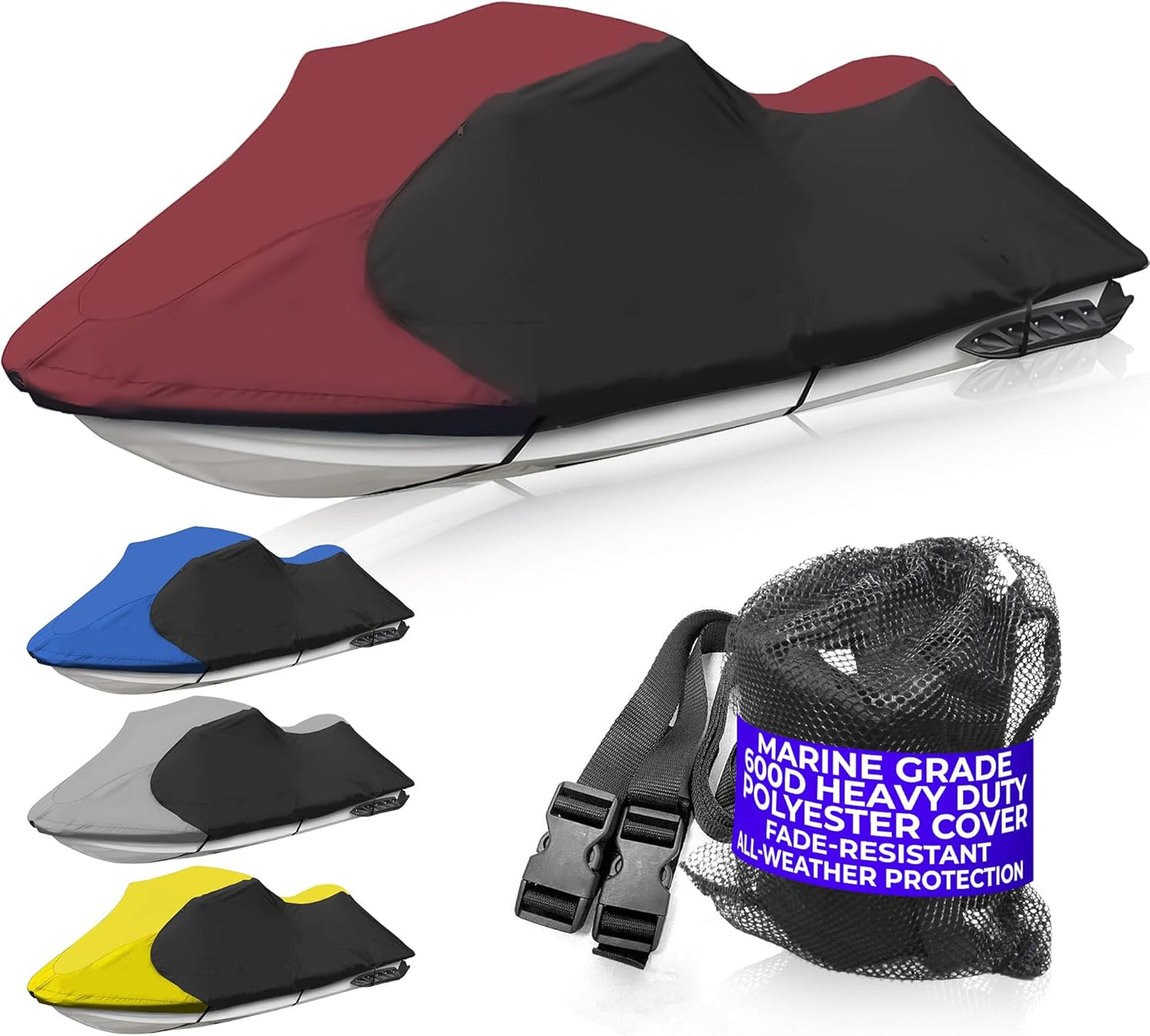 Trailerable Jet Ski Cover, Waterproof Marine Grade 600D Heavy Duty Polyester PWC Cover Burgundy/Black Fits from 116"-125" 2 Seater