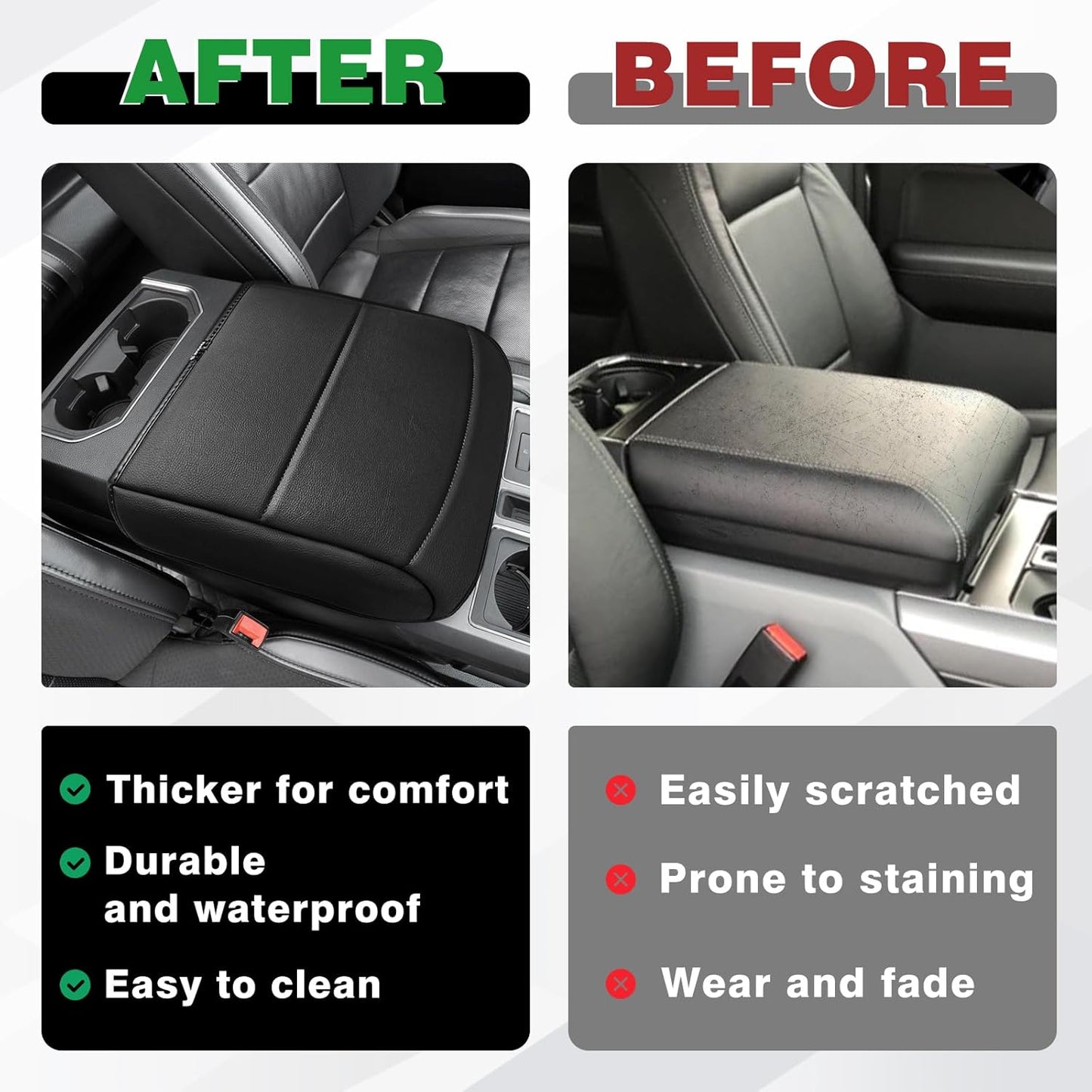 Muslogy Center Console Armrest Cover Compatible with Ford F150 2021-2024 2025 Comfort Armrest Pad Arm Rest Cushion Vegan Leather Protector Regular Thick(Bucket Seat ONLY)