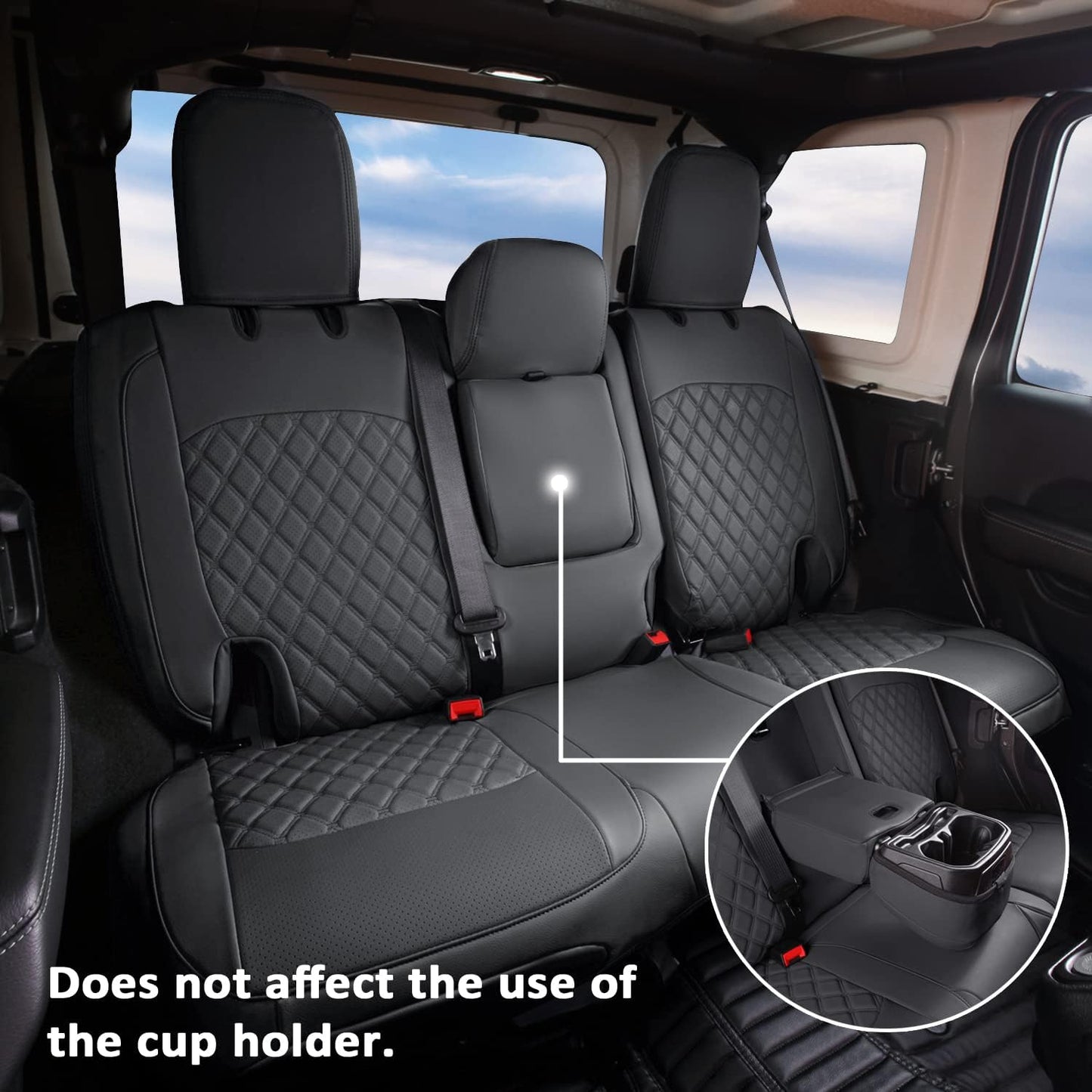 GIANT PANDA Customized Full Set Car Seat Covers for Jeep Wrangler 4 Door JL Sahara Altitude Rubicon 392 Unlimited 2018 2019 2020 2021 2022 2023 2024 2025 with Rear Cup Holder,Faux Leather - (Black)