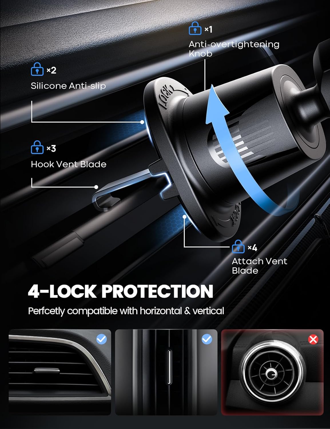 Lamicall 2025 Wider Clamp & Metal Hook Car Phone Holder Vent [Thick Cases Friendly] Phone Holders for Your Car Mount Automobile Hands Free Cradle Vent for iPhone 15 14 13 Pro Max (Lucite Black)