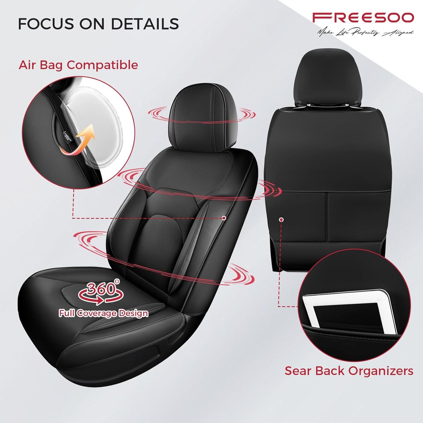 FREESOO Car Seat Covers Full Set,Waterproof Automotive Seat Covers, Leather Cars Interior Covers, Seats Protection Universal fit Babies & Adult (Black)