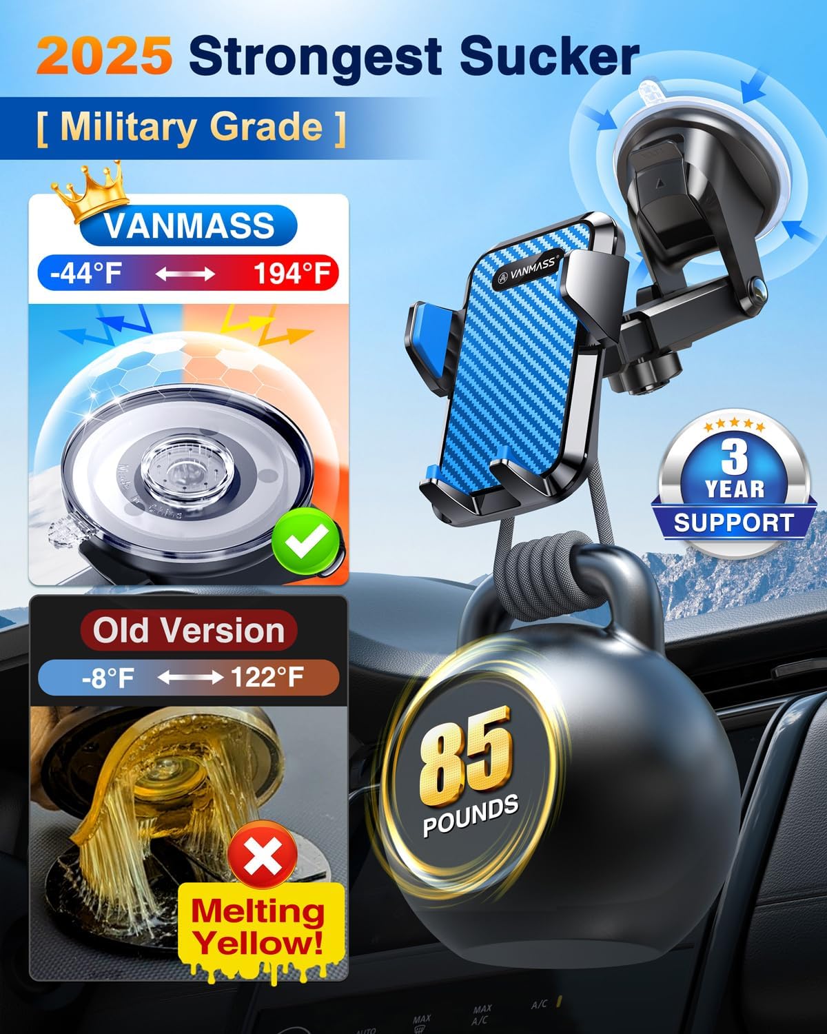 VANMASS Universal Car Phone Mount,【Patent & Safety Certs】 Upgraded Handsfree Stand, Phone Holder for Car Dashboard Windshield Vent, Compatible iPhone 13 12 11 Pro Max Xs XR X 8, Galaxy (Blue)