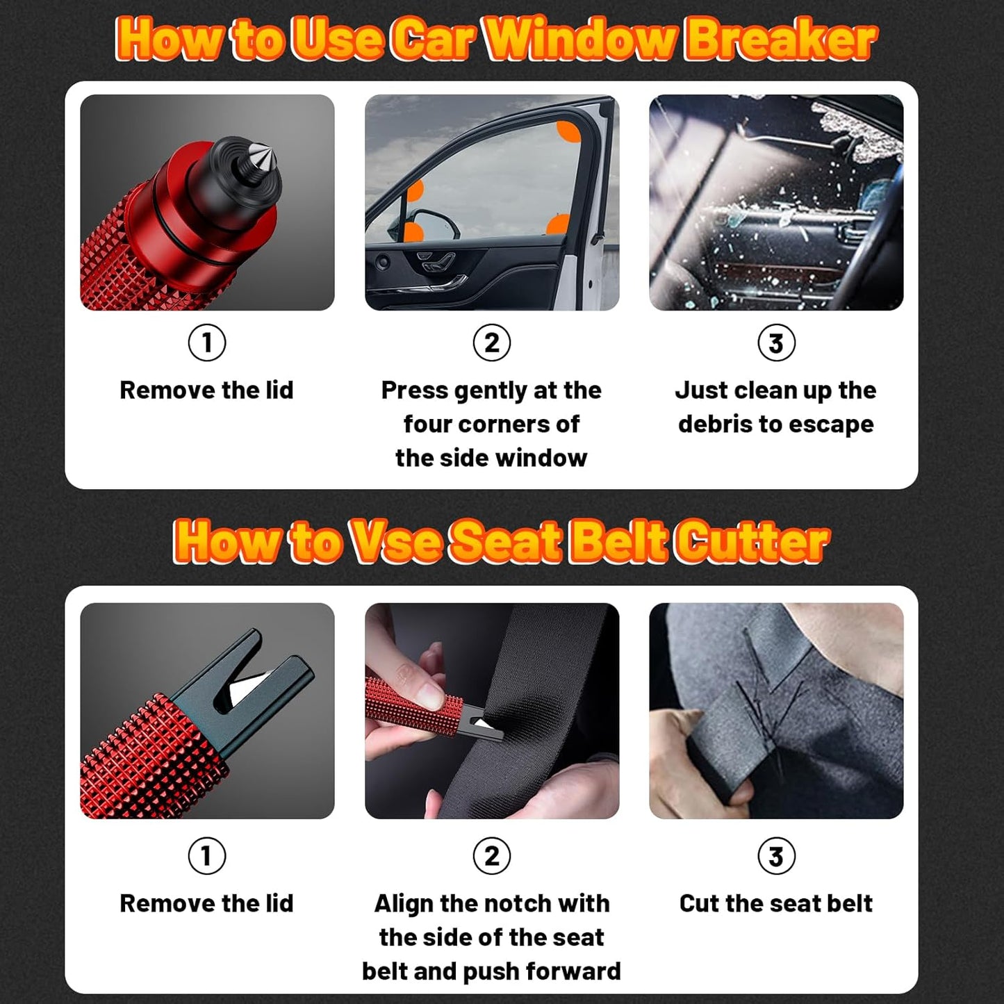 Safehammer - Safe Hammer Glass Breaker Under Water, Upgraded Antiskid, Car Hammer Seatbelt Cutter Window Breaker Emergency Escape Tool, Safe hammer Glass Breaker for New Cars (2PCS Red & Black)