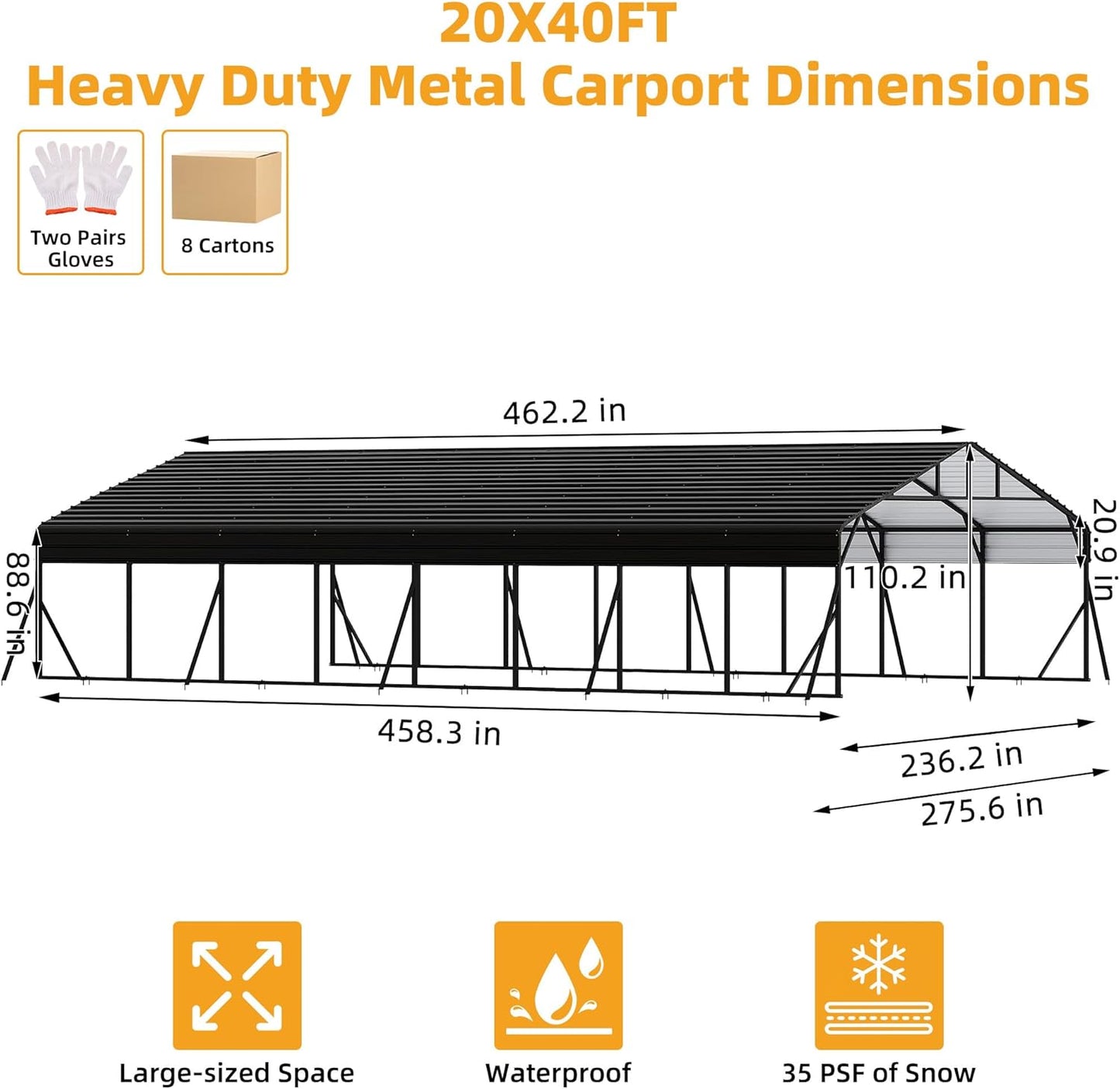 20' x 40' x 8.5' Heavy Duty Metal Carport with Galvanized Steel Roof, Steel Carport Kits Outdoor with Metal Roof, Galvanized Car Shelter for Tractors, Pickup, Boat, Car